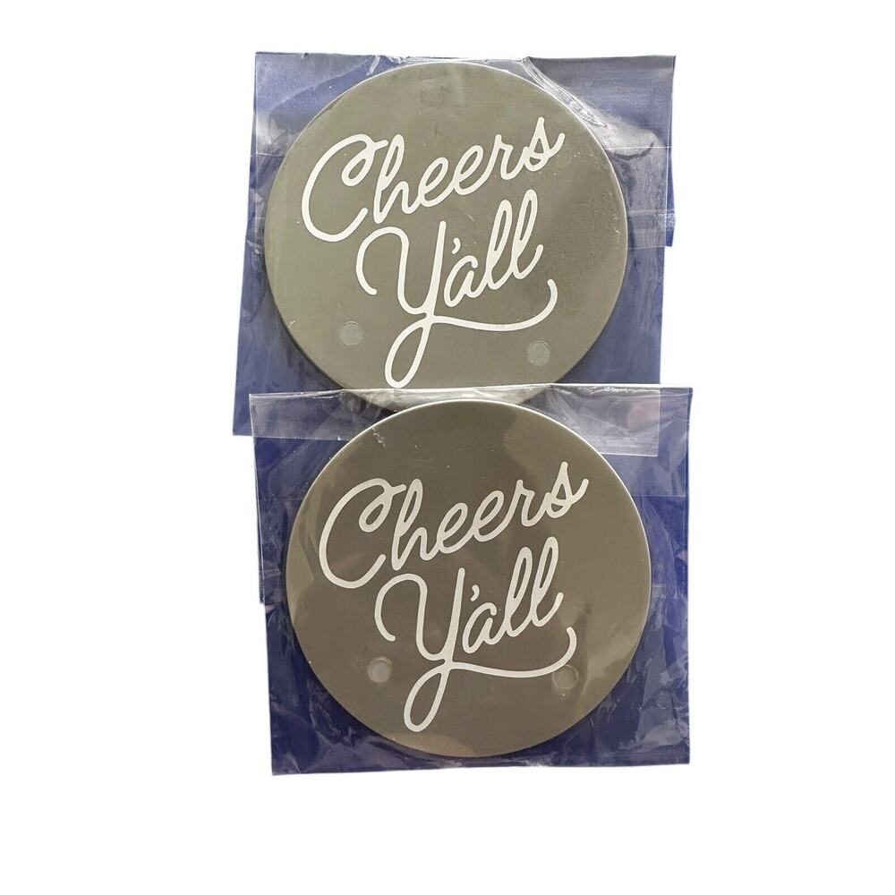 New in Package Cheers Y'all Paula Deen Gray Rubber Coasters 3.75" Round Qty. 2